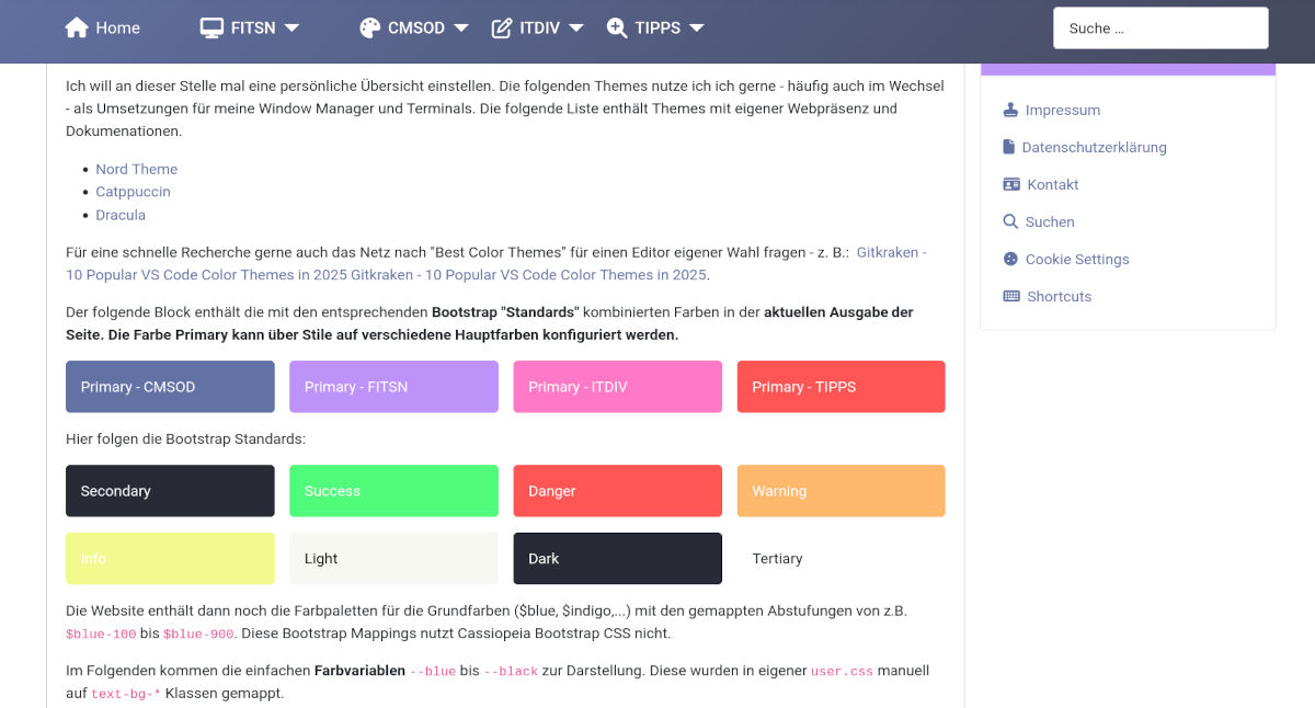 Stil Nord mit Hauptfarben für vier Site-Bereiche und Bootstrap Standards