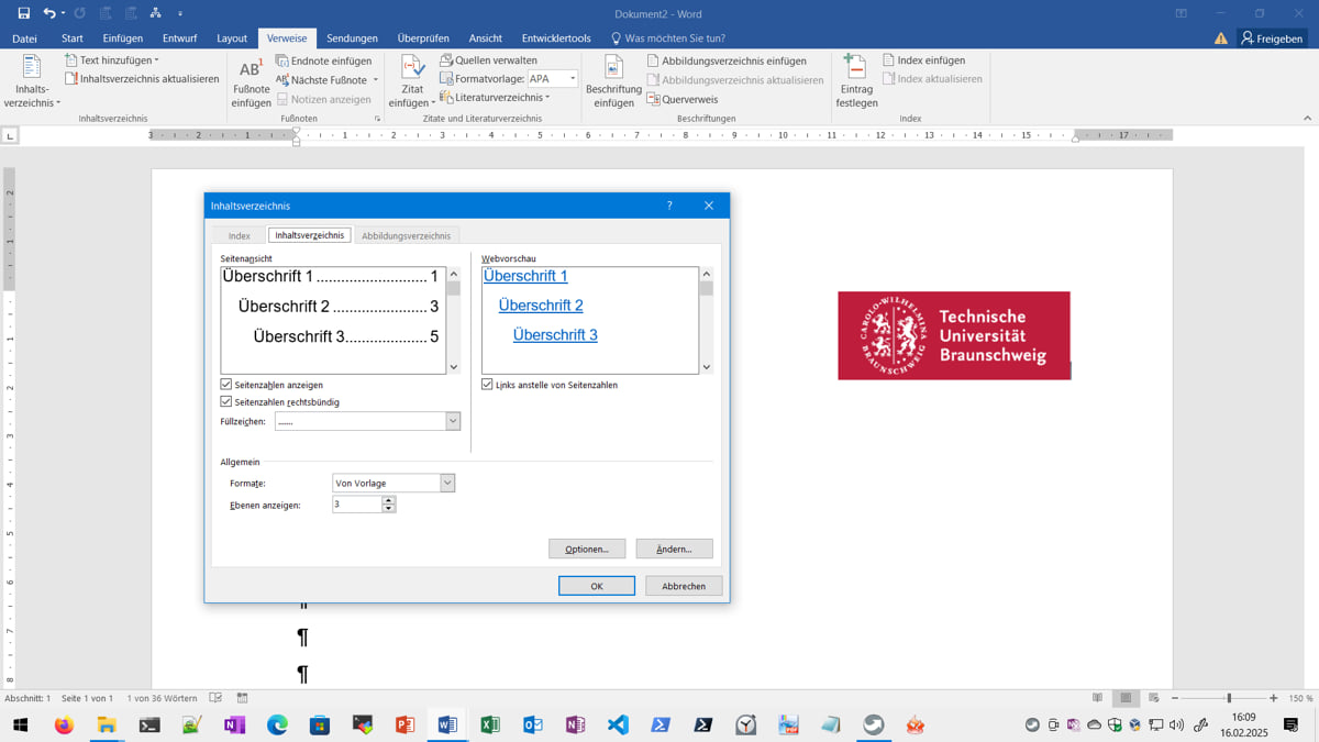 Menüband Verweise und Dialog Inhaltsverzeichnis in Word